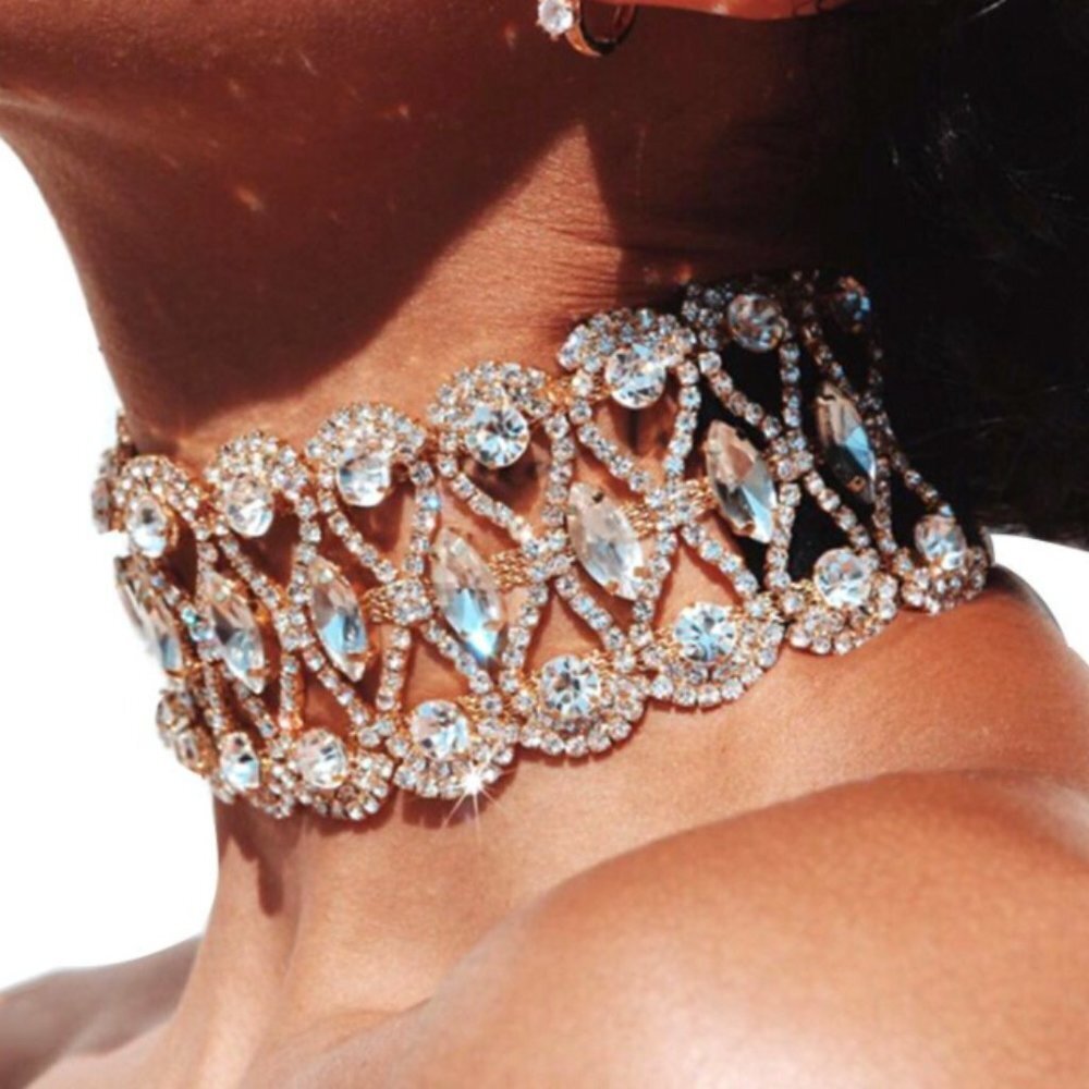 Luxe Chunky Gold Crystal Rhinestone Collar Choker Statement Necklace Jewelry